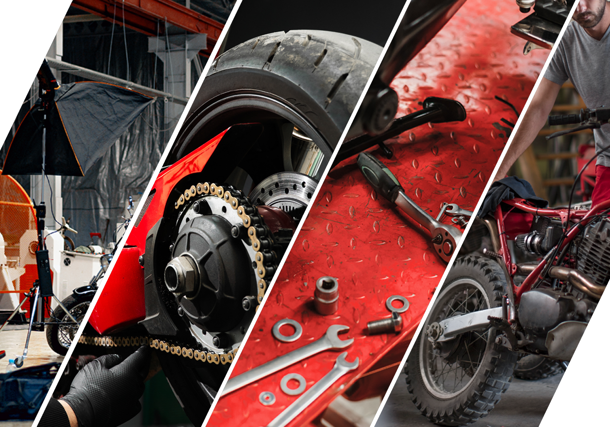 Collage mit Motorradservice und Reparaturarbeiten in der Werkstatt